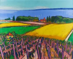 Bernhard Kühlewein, "Weingut und Rapsfelder am Genfer See", 1991, Öl auf Hartfaser
