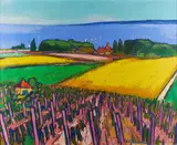 Bernhard Kühlewein, "Weingut und Rapsfelder am Genfer See", 1991, Öl auf Hartfaser