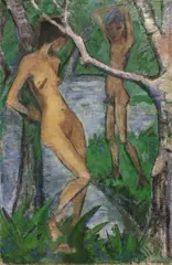 Otto Mueller, Frau und Knabe (Mädchen und Knabe am Waldteich, Nach dem Bade), ca. 1922, Leimfarbe auf Rupfen