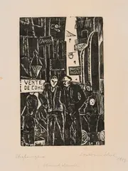Straßenszene (Vente de coke) by Christian Schad, 1917/1960, Holzschnitt auf dünnem Japan, sold Jan 2023
