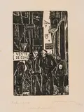 Christian Schad, Straßenszene (Vente de coke), 1917/1960, Holzschnitt auf dünnem Japan