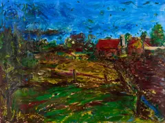 Günter Evertz, Landschaft mit Bauernhaus, 1986, Öl auf Velin