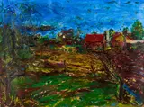 Günter Evertz, Landschaft mit Bauernhaus, 1986, Öl auf Velin