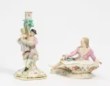 Gewürzschale mit Kavalier und Leuchter mit galantem Herrn by Meissen, Vor 1924, Porzellan, farbig und gold staffiert, sold Nov 2022