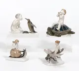 Rosenthal, 4 Kinderfiguren mit Tieren, Porzellan mit Unterglasurdekor