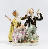 Harlekin und Colombine by Meissen, 20. Jh, Porzellan, farbig und gold staffiert, sold Nov 2022