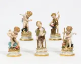 Folge von fünf Amoretten by Meissen, Vor 1924, Porzellan, farbig und gold staffiert, sold Nov 2022