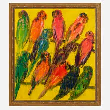 Hunt Slonem, Lories, 2017, oil on panel in artist's frame