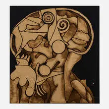 James Jarvaise, Le tête (serie L'homme en chambre), 2014, burlap collage and oil on canvas