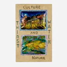 Thomas Lanigan-Schmidt, The Incubation of Culture within the Stream of Consciousness, 1987-90, mixed media collage, foil, plastic, staples on wood panel