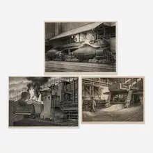 Jackson Lee Nesbitt, Casting - Blast Furnace; Pushing Coke; Charging Scrap (three works from the Sheffield Steel Corporation series), 1949-1951, etching