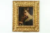 Young Woman with Floral Wreath by Continental School, YOUNG WOMAN WITH FLORAL WREATH, oil on canvas, sold Nov 2019