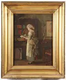 Young Woman with Peacock Feather Duster Reading in Library by Continental School, YOUNG WOMAN WITH PEACOCK FEATHER DUSTER READING IN LIBRARY, oil on canvas, sold Nov 2019