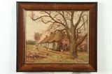 R Caron, Thatched Roof House with Chickens, Oil on board