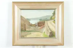 Ann Althea Hills, Mountain Town Along River, Oil on canvas in "as is" condition