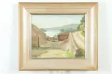 Ann Althea Hills, Mountain Town Along River, Oil on canvas in "as is" condition