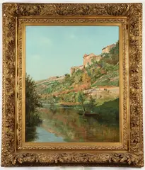 Peter Alfred Gross, Dordogne Landscape with Figures Fishing, 1889, Oil on canvas