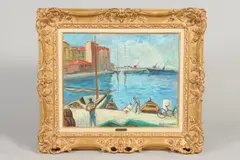 Boulard de Villeneuve, Untitled, PORT SCENE WITH FIGURES AND DOCKED BOATS, oil on board, signed lower right