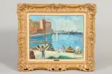 Boulard de Villeneuve, Untitled, PORT SCENE WITH FIGURES AND DOCKED BOATS, oil on board, signed lower right