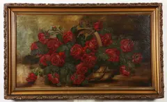 Celeste Bruff, Roses in Woven Basket, Oil on canvas