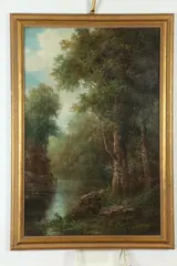 A. Fletcher, Woodland Landscape with Trees and Stream, Oil on canvas