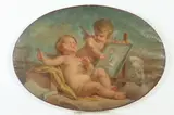 Continental School, Cherubs As Art Connoisseurs, CHERUBS AS ART CONNOISSEURS, oil on canvas in "as is" condition with heavy craquelure and two tears to canvas