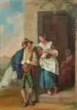 Continental School, Figures on Doorstop, FIGURES ON DOORSTOP, oil on canvas