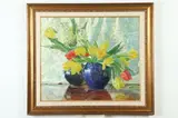 Floral Still Life with Blue Vases by American School, FLORAL STILL LIFE WITH BLUE VASES, oil on canvas, sold Jul 2020