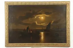 Theodor Genenger, Moonlit Harbor, Oil on board