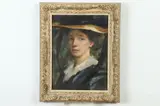 Carl John David Nordell, Portrait of Dark Haired Girl in Hat, Oil on canvas