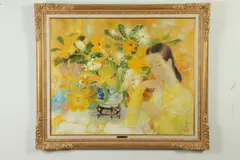 Le Pho, Seated Woman and Man with Vase of Flowers, Oil on canvas