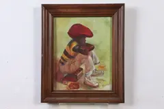 G. Wood, Untitled, SEATED BLACK BOY WITH RED CAP, oil on board - Freamd, 10 in. x 8 in