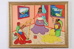 Jerome Polycarpe, Woman Playing Harp, Oil on board
