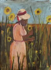 Anne R. Harmon, Woman in Field of Sunflowers, Oil on board