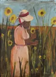 Anne R. Harmon, Woman in Field of Sunflowers, Oil on board