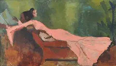 Boscoe Holder, Black Woman Reclining Across Lounge Chair, Oil on canvas