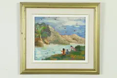 Gladys Barbot-Desmangles, Untitled, MOUNTAIN LANDSCAPE WITH RIVER AND FIGURES, oil on canvas, signed