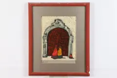 G. Alaimde. E, Figures Outside Church Entrance, Oil on board