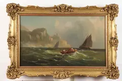 Von Devers, Boats Along a Rocky Coastline, Oil on canvas