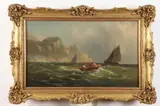 Von Devers, Boats Along a Rocky Coastline, Oil on canvas