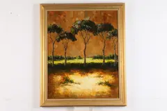 Van Matino Ahn, Tropical Landscape with Dwellings, Oil on canvas, signed lower right