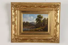 Henry Harold Vickers, Sheep Grazing by Stream in Mountain Landscape, Oil on metal panel