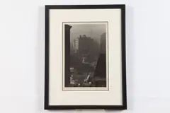 Howard Benjamin, Down Town, Black and white photograph of city in smog.