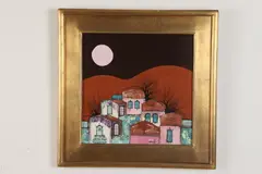 Liny Aneff, Village Under Moonlight, Oil on canvas. 15" square