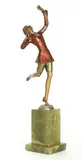 Josef Lorenzl (Austrian by Josef Lorenzl, 1892, an Art Deco cold-painted bronze figure of a dancer wearing red coat and breeches, sold Jul 2022