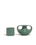 Teco Pottery, Two-Handled Vase and Ribbed Vase