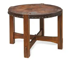 Library Table by Gustav Stickley, oak, leather, metal nailheads, sold Oct 2019
