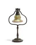 Tiffany Studios, Harp Table Lamp, Favrile glass, patinated bronze, shade engraved 'L