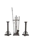 American Arts and Crafts, Set of Firetools, wrought iron, comprising a pair of andirons, poker, spade, tongs and an unassociated poker, on stand, unmarked