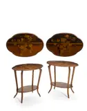 Companion Pair of Two-Tier Side Tables by Émile Gallé, marquetry walnut and mahogany, each signed in marquetry 'Gallé', offered Oct 2019